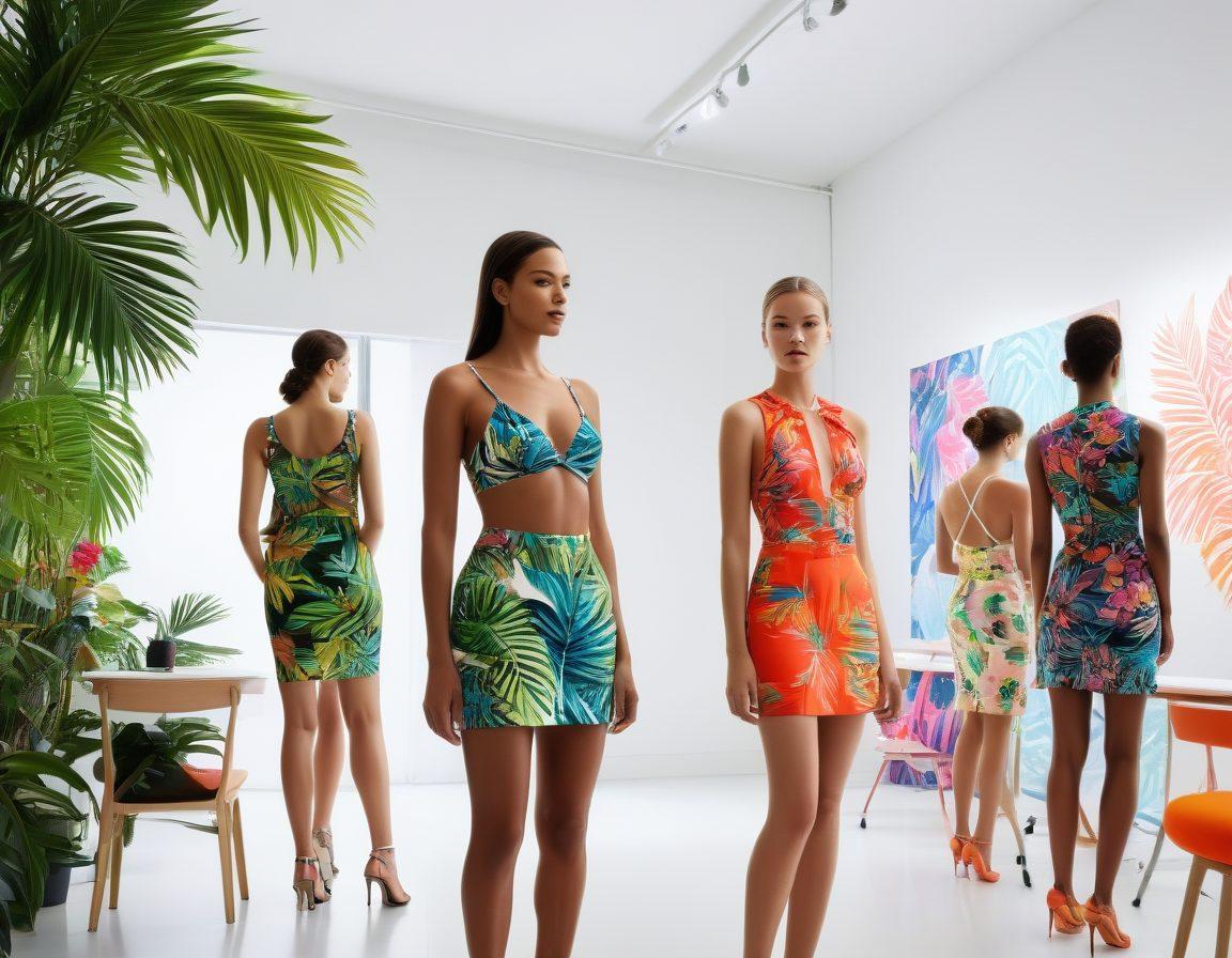 A stylish classroom setting transitioning into a vibrant catwalk, showcasing custom swimwear designs on mannequins and models. Include digital screens displaying patterns and design tools, with students actively engaged in creating swimwear. Bright colors, tropical elements, and a sense of dynamic learning should permeate the scene. super-realistic. vibrant colors. white background.