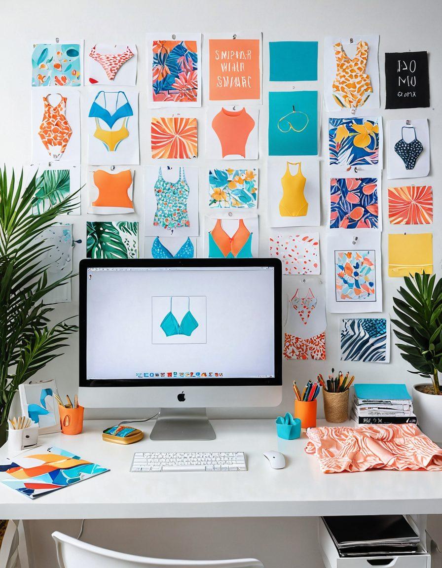 A vibrant and modern workspace featuring a computer with swimwear design software open, colorful sketches of swimwear designs scattered around, a mood board with beach-themed inspirations, and a person (gender-neutral) joyfully working on a design. The setting has natural lighting and elements that evoke creativity and passion for fashion. super-realistic. vibrant colors. white background.